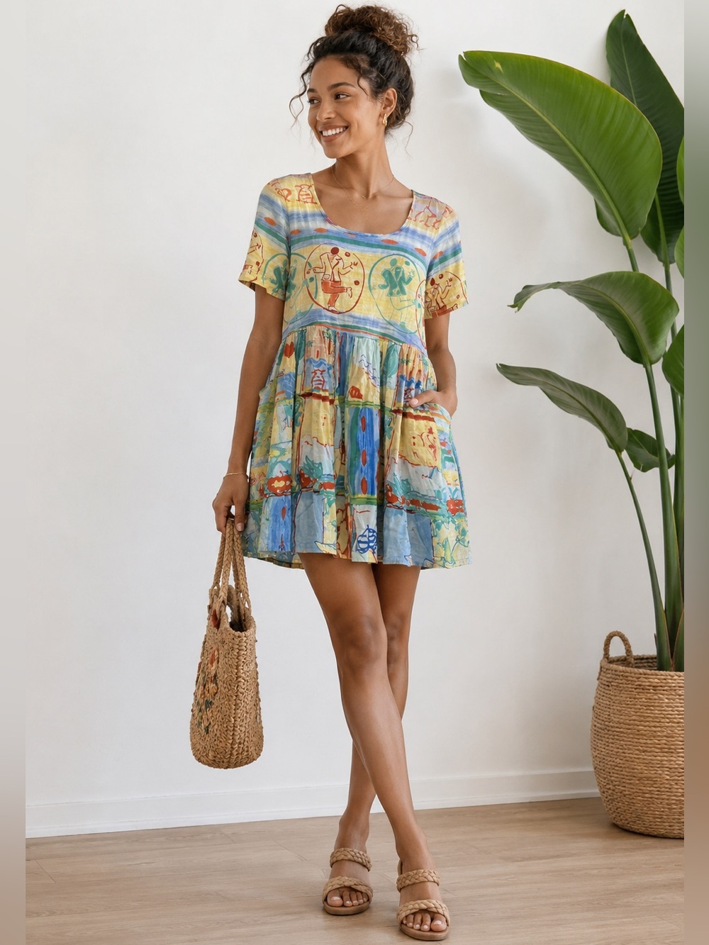 Jams World Dress Vintage Dancing Man Babydoll Beach Summer Hawaii Sz S
